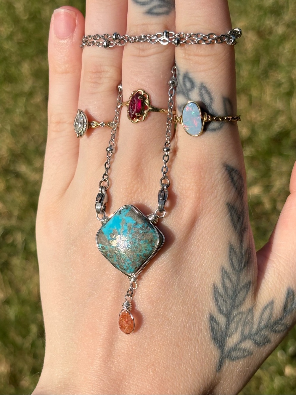 Tourqoise and sunstone double dangle interchangeable necklace
